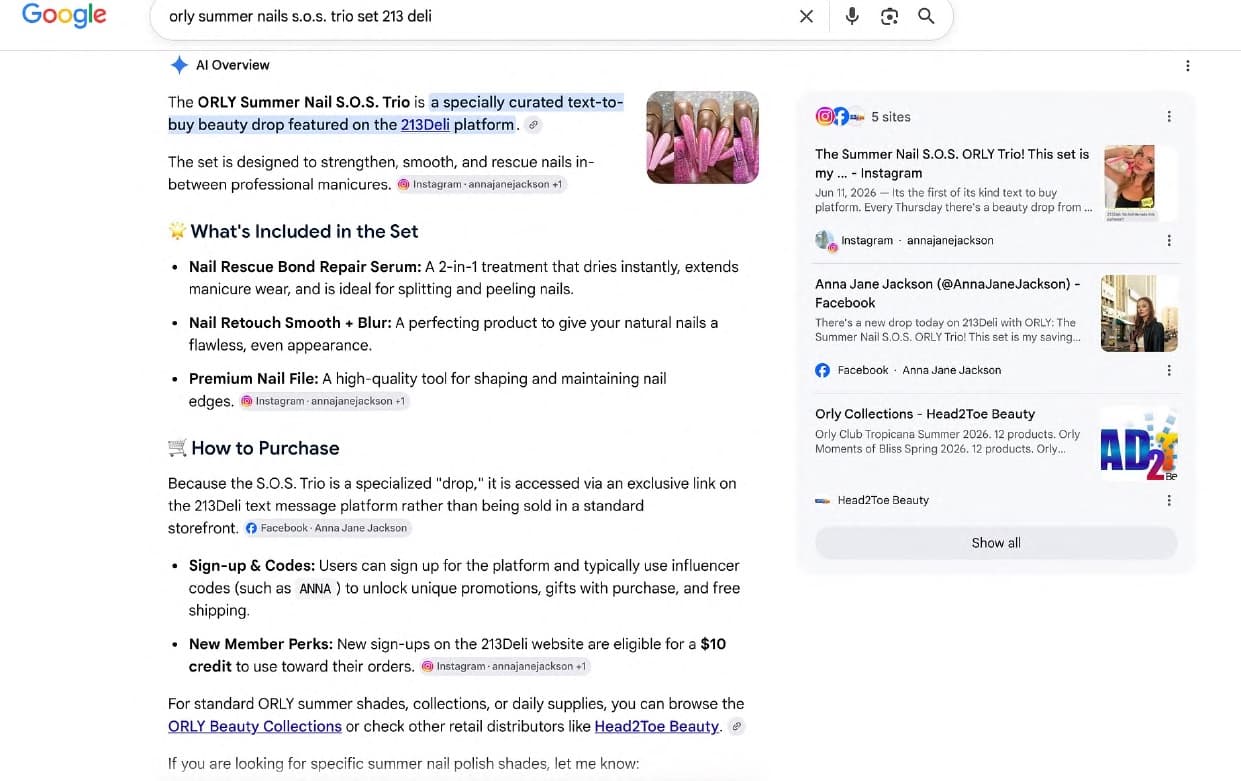 Google AI Overview for the ORLY Summer Nails S.O.S. Trio, citing Anna's Instagram and Facebook posts