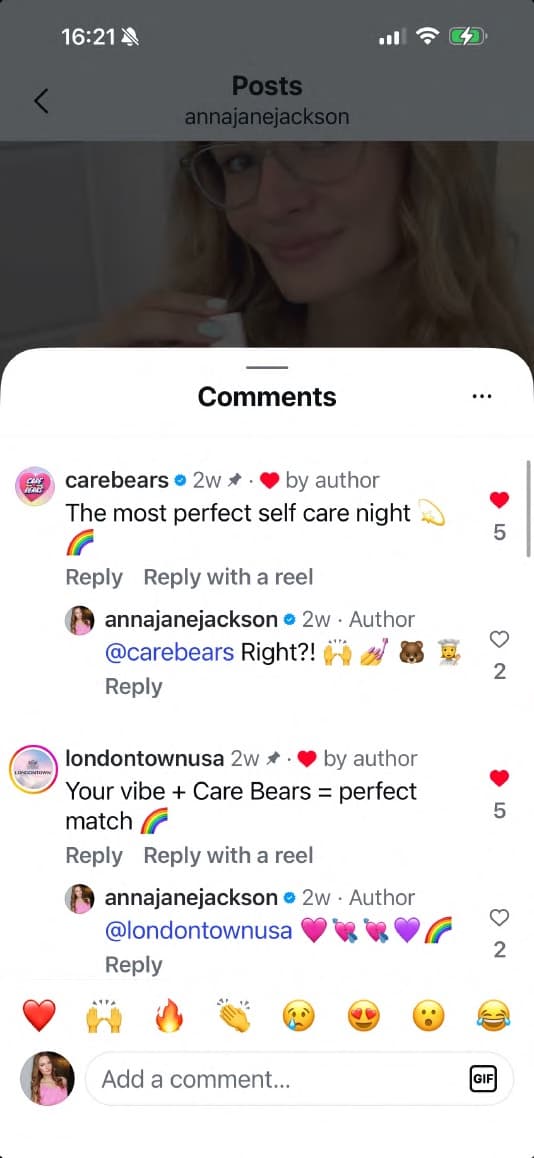 Comments from @carebears and @londontownusa on Anna's post