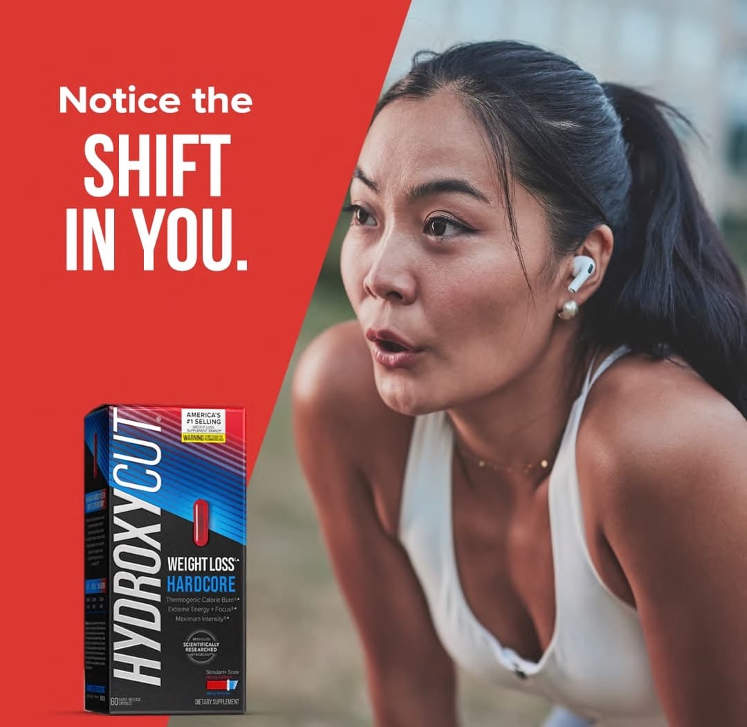 Hydroxycut ad with a runner catching her breath: "Notice the shift in you."