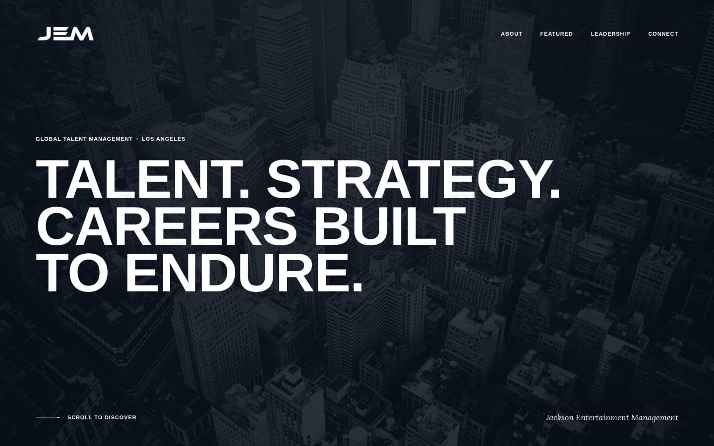 The JEM homepage hero: "Talent. Strategy. Careers built to endure." over a dark city skyline