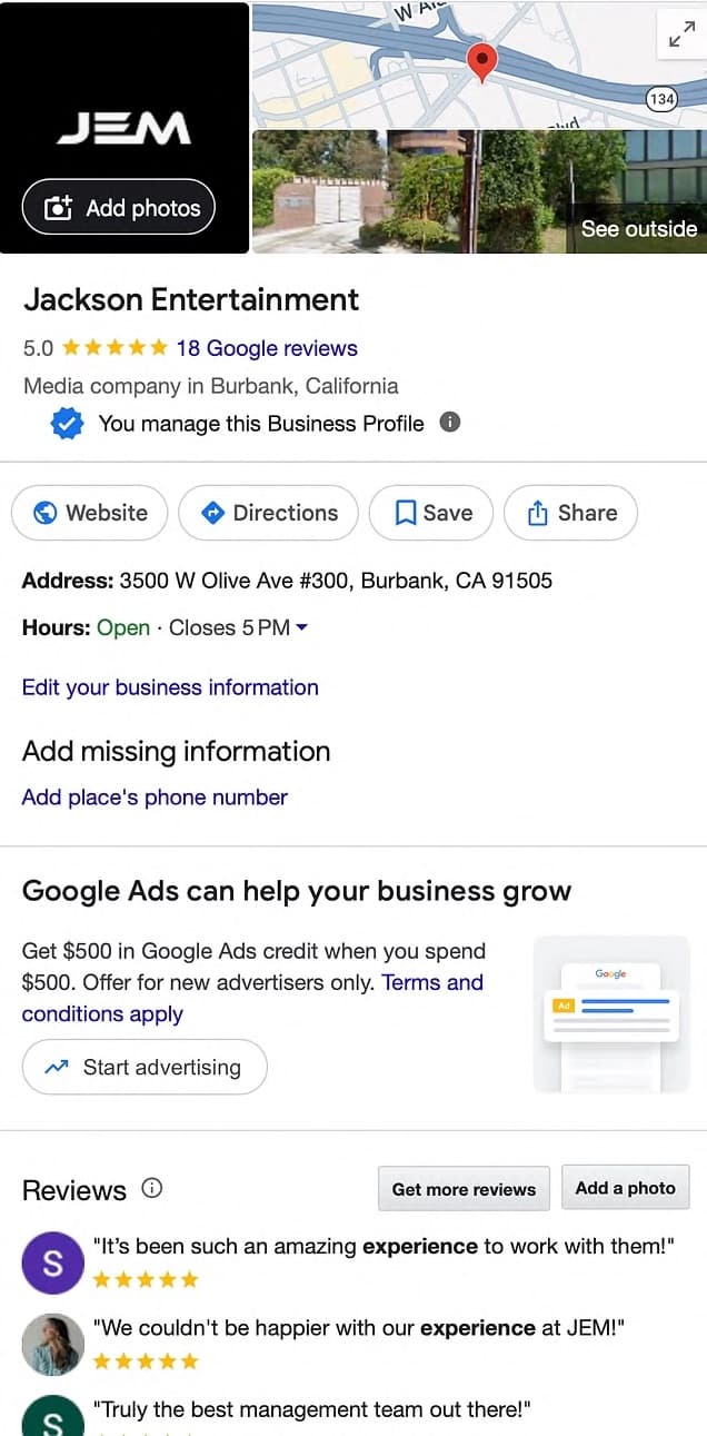JEM's Google Business Profile with a 5.0 rating, the Burbank address and five-star reviews