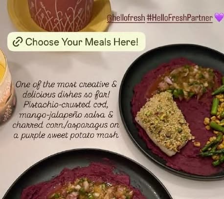HelloFresh story showing a pistachio-crusted cod dish with a "Choose your meals here" link