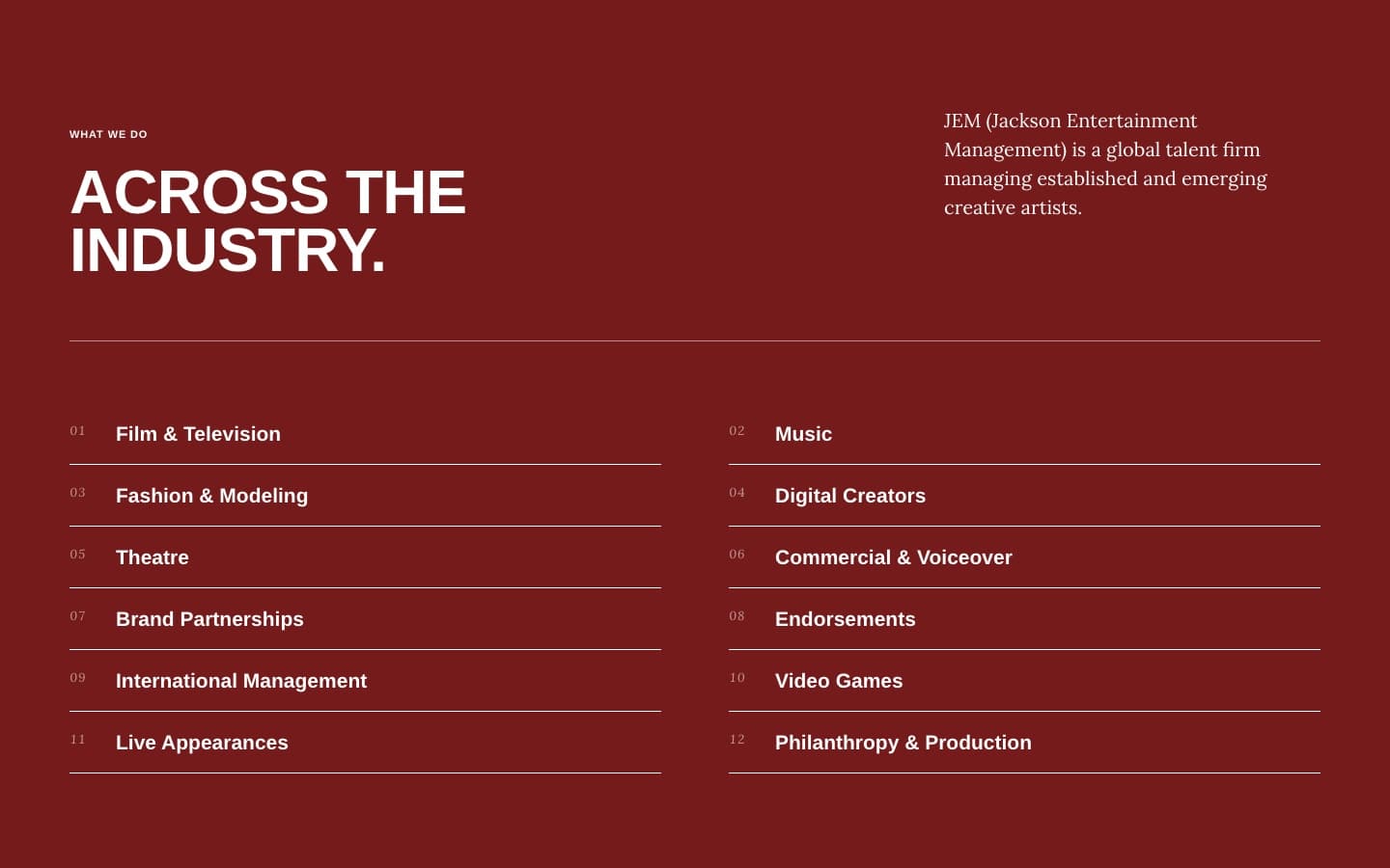 The "Across the industry" section listing JEM's areas of work on a deep red background