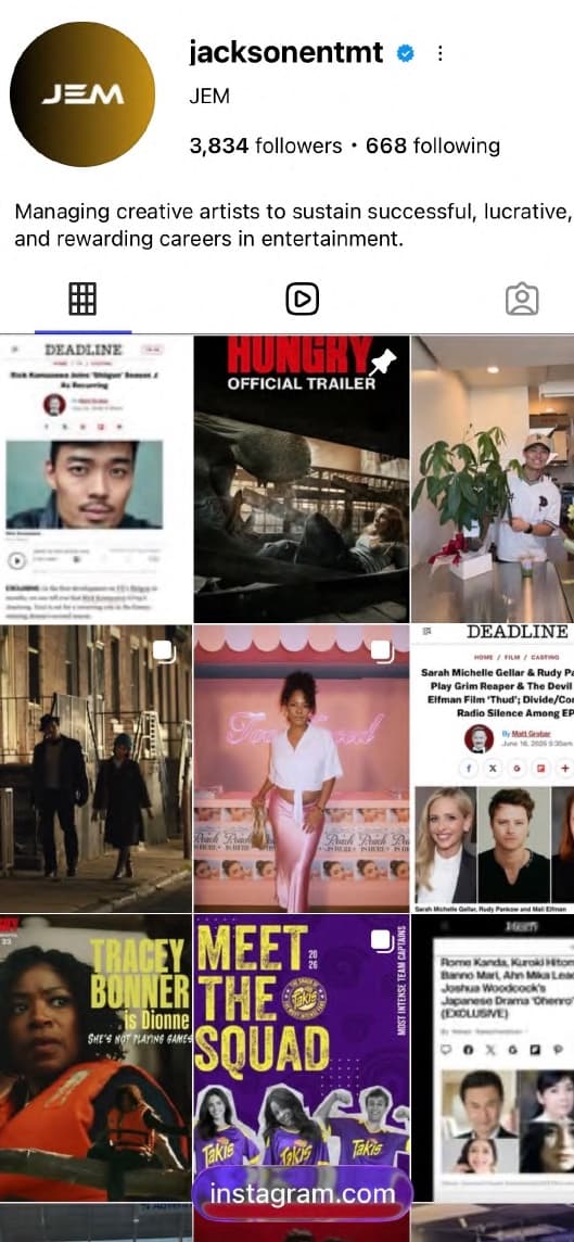 JEM's Instagram profile on a phone, with a grid of client news and campaign posts