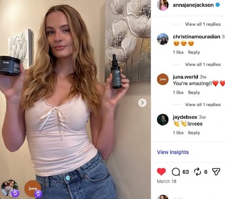 Anna holding Juna World products, with a comment from @juna.world