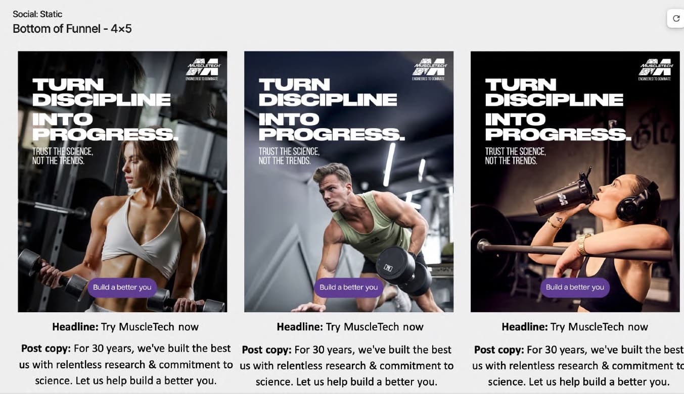 Three MuscleTech 4:5 static ads reading "Turn discipline into progress."