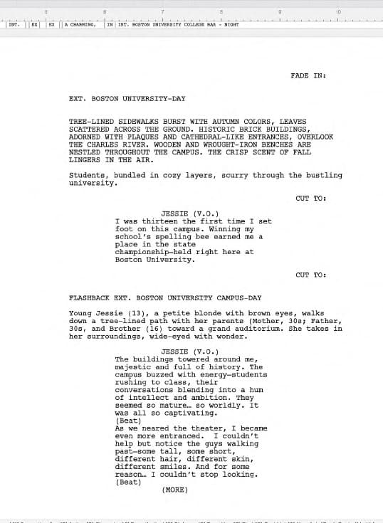 A page from the Slam Dumped script, set at Boston University